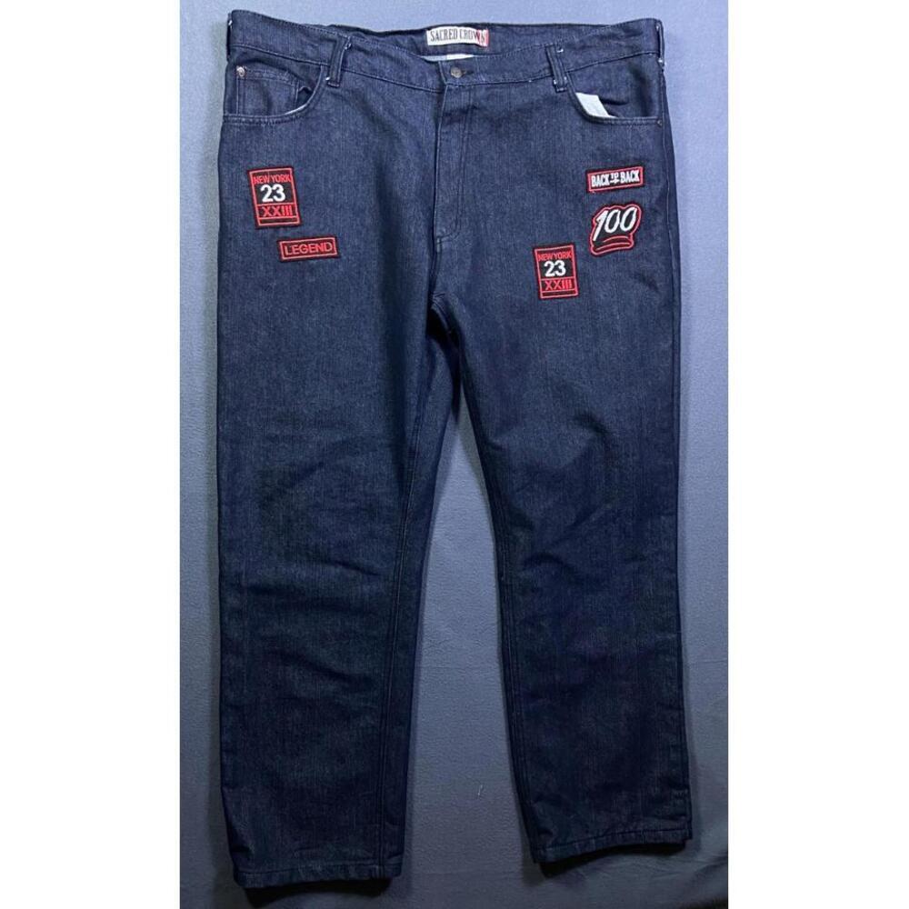 Sacred Crown Jeans Mens 46 44x33 Dark Blue Embroidered Streetwear Patches 100 NY
